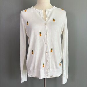 Loft Embroidered Cardigan Sweater M Pineapple Whimsy Tropical Resort‎ Grannycore